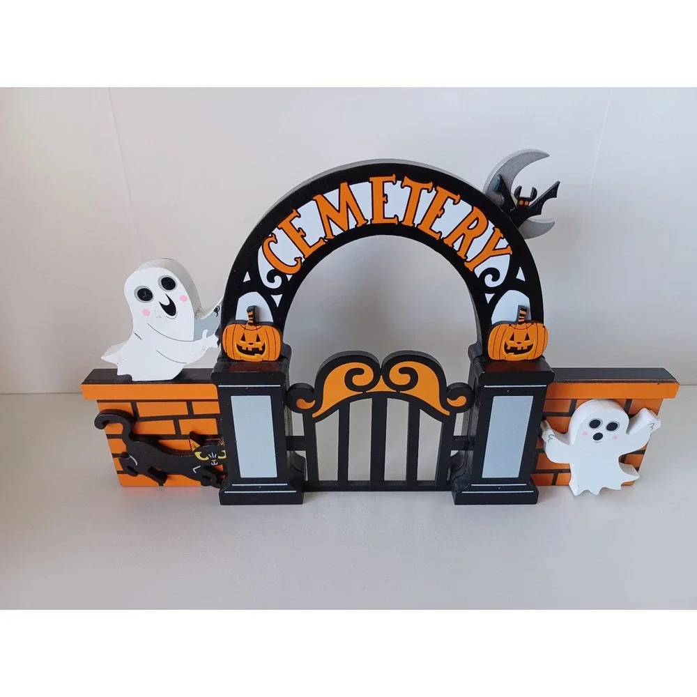 Cemetery With Ghosts And Pumpkins Decor Piece Halloween Holiday Seasonal